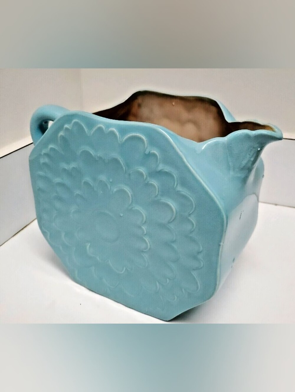 Department 56 Retro Blue Ceramic Pitcher Embossed Flower Motif 8"×11"× 5"